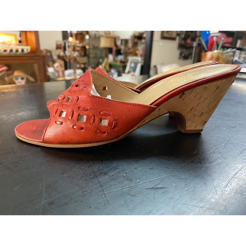 vintage 1970s leather mules cork heel wedges 70s sandals boho size 6 shoes